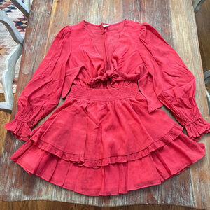 Angel Biba Red Tie Front Ruffle Tiered Mini Dress Long Sleeve Boho US S AU 8